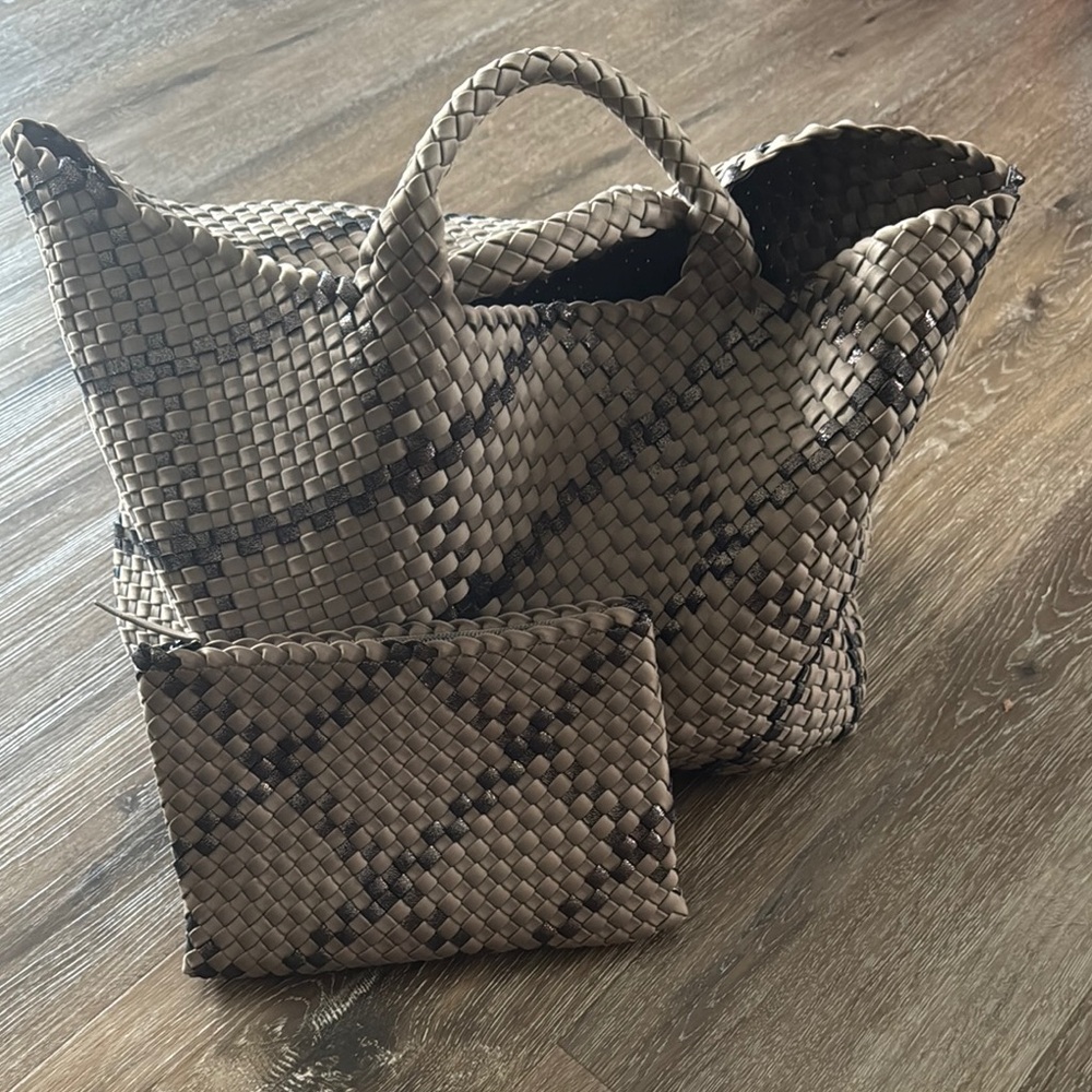 Large Naghedi St Barths Tan and Brown Woven Tote Bag Set